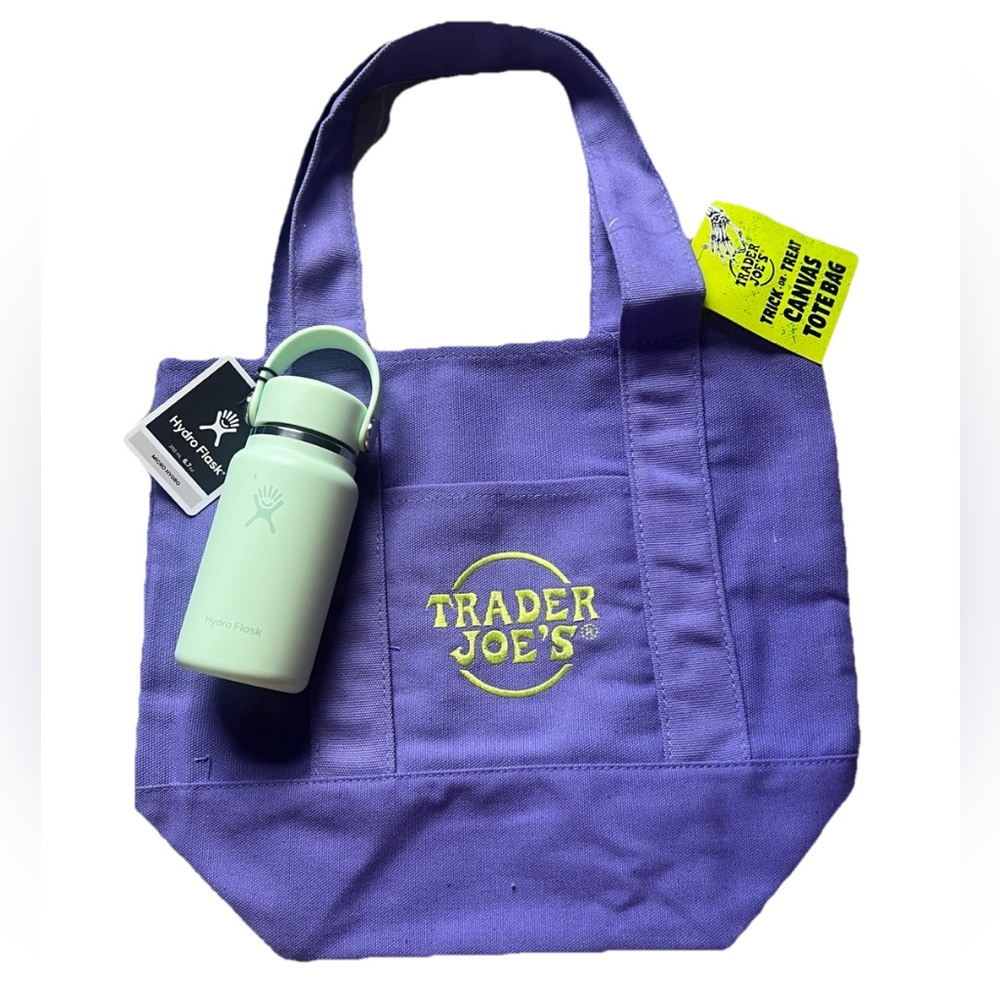SET Trader Joe's Purple Mini Trick-Or-Treat Tote Bag & Hydro Flask Mini Bottle